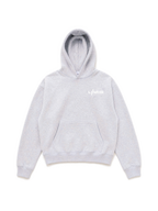 Hoodie LOVE U LUMIS gris chiné posé à plat, vue de face : logo, poche kangourou, French Terry 420 g/m²