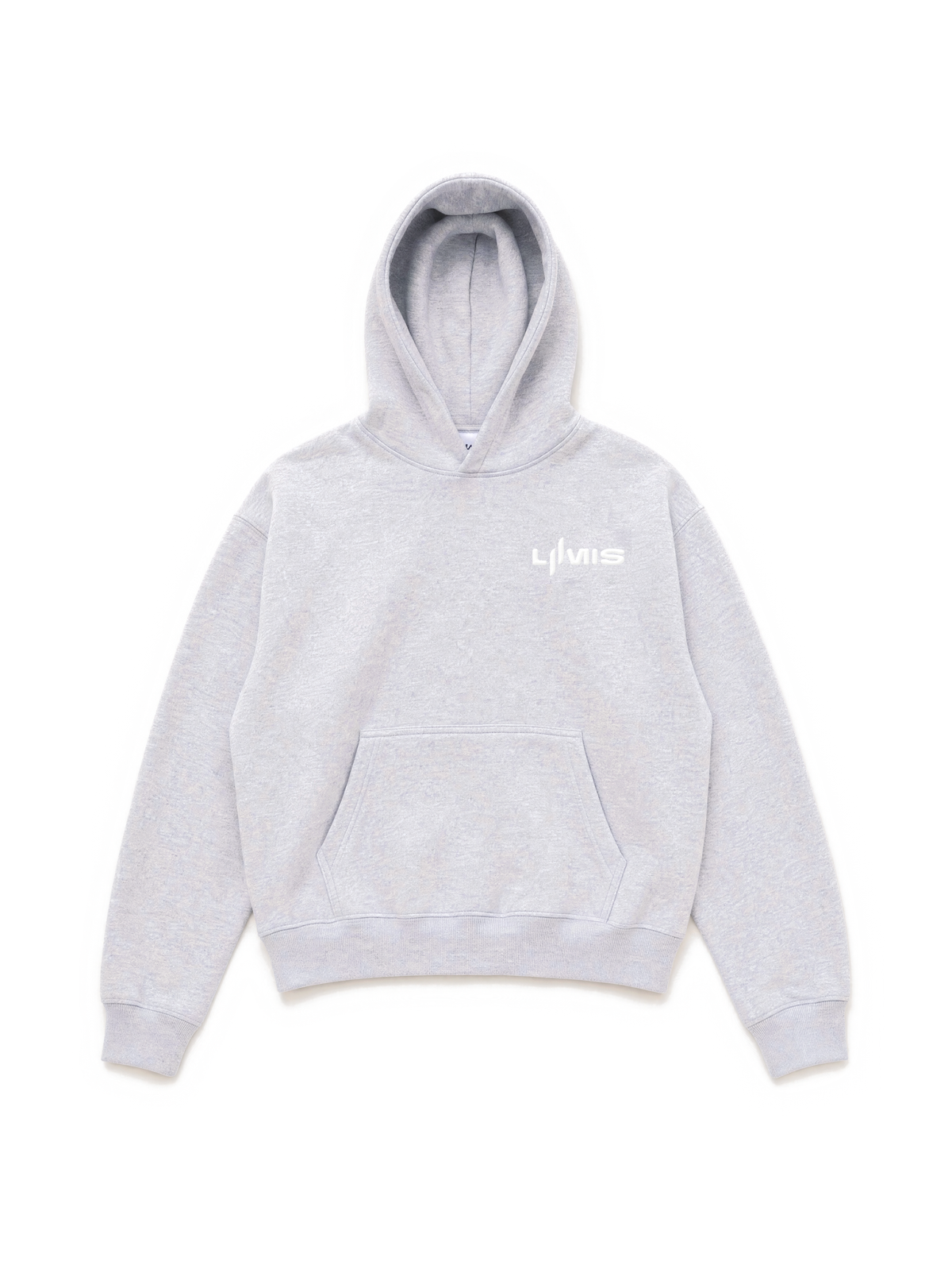 Hoodie LOVE U LUMIS gris chiné posé à plat, vue de face : logo, poche kangourou, French Terry 420 g/m²