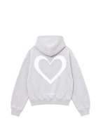 Hoodie LOVE U LUMIS gris chiné posé à plat, vue de dos : grand cœur brodé et écriture brodée