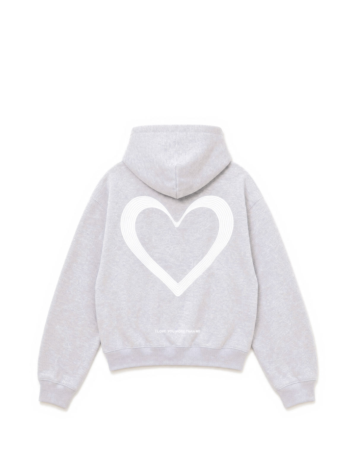 Hoodie LOVE U LUMIS gris chiné posé à plat, vue de dos : grand cœur brodé et écriture brodée
