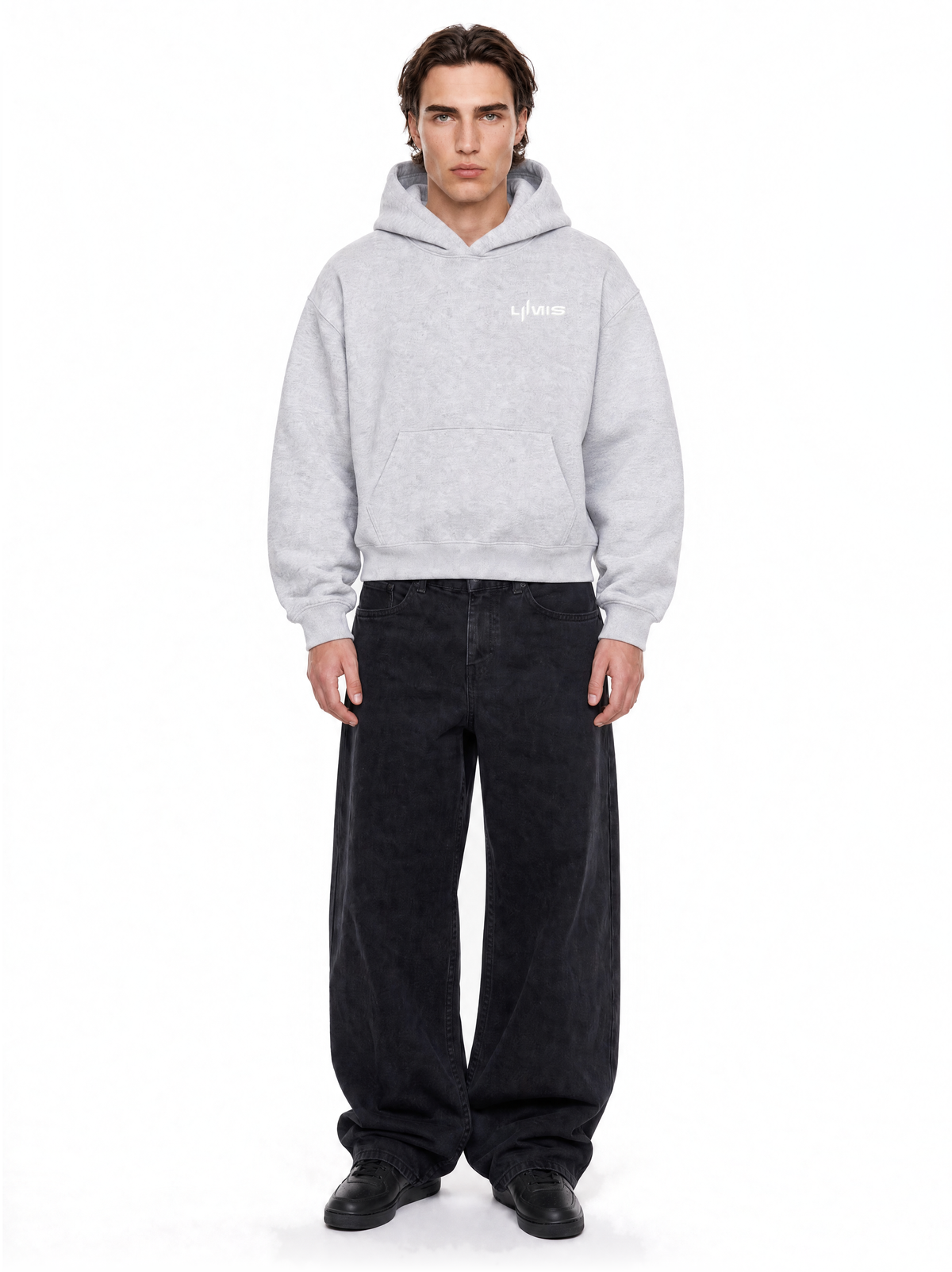 Hoodie LOVE U LUMIS gris chiné porté de face par un homme : coupe oversize, French Terry 420 g/m²